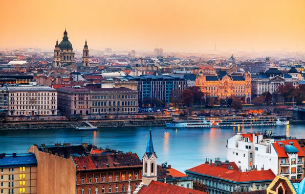 Картинка город, река, здания, дома, столица, Венгрия, Будапешт, Базилика святого Иштвана