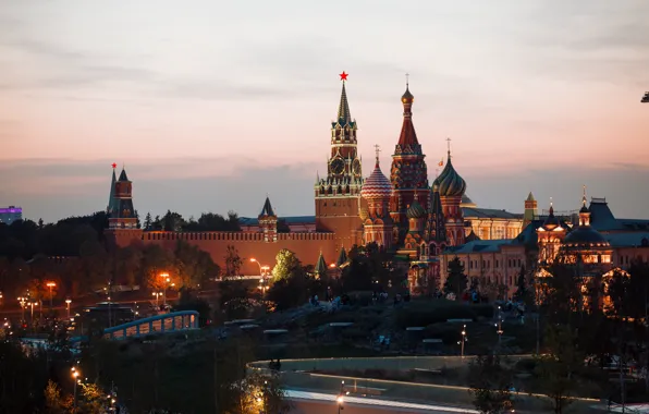 Закат, Город, Москва, кремль, Зарядье, кремль вечером