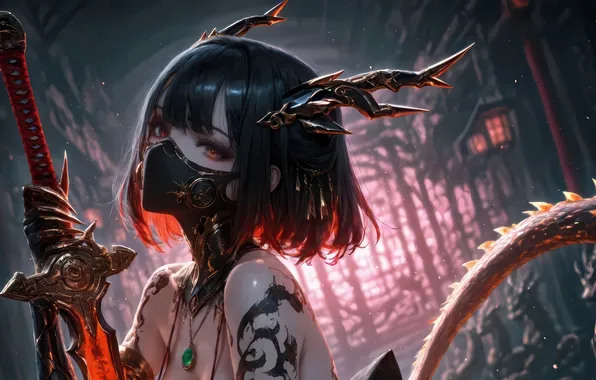 Girl, Anime, Tattoo, Sword, Mask, Horn, Anime Girl, AI Art