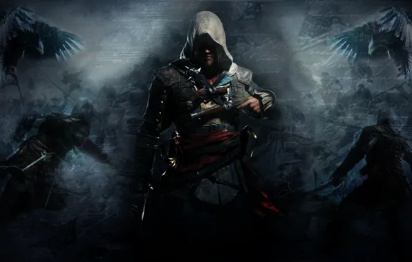 Картинка оружие, игра, вороны, битва, Эдвард Кенуэй, Assassin's Creed IV: Black Flag, Edward Kenway, капьшон