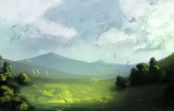 Картинка небо, листья, облака, деревья, горы, рисунок, арт