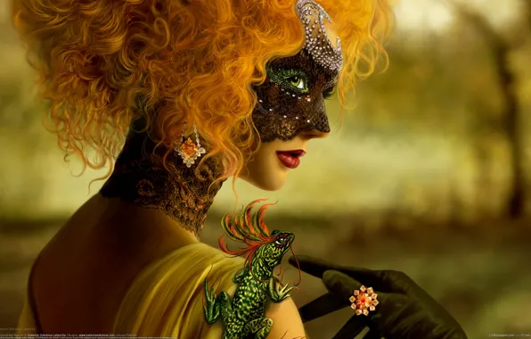 Картинка девушка, маска, рыжая. ящерица, таинственность