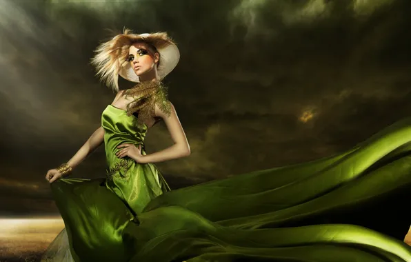 Hat, feathers, green dress, makeup, fashionable girl, elegant hairstyle