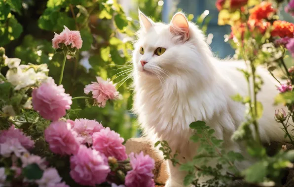 Кошка, белый, лето, кот, взгляд, свет, цветы, поза