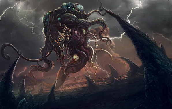 Монстр, Молнии, Демон, Фантастика, Illustration, Demon, Characters, Lovecraft
