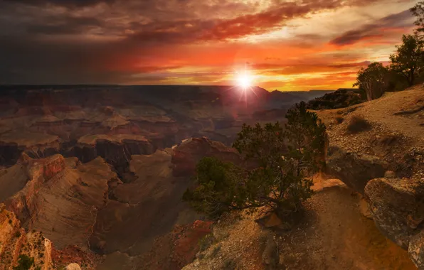 Лучи, закат, Аризона, США, Grand Canyon. солнце