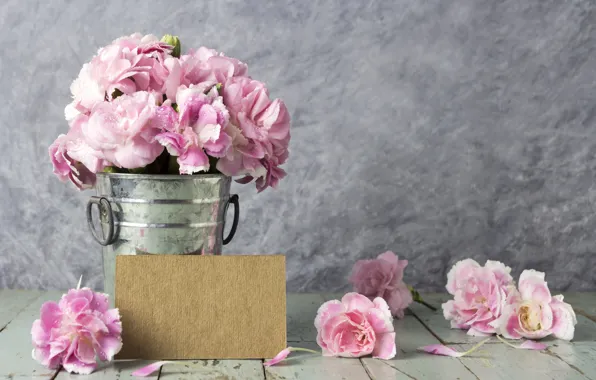 Картинка цветы, лепестки, ведро, розовые, vintage, wood, pink, flowers