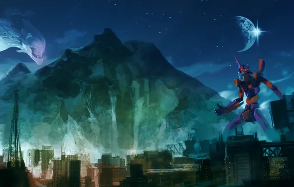 Город, луна, аниме, арт, Ева, Евангелион, Evangelion