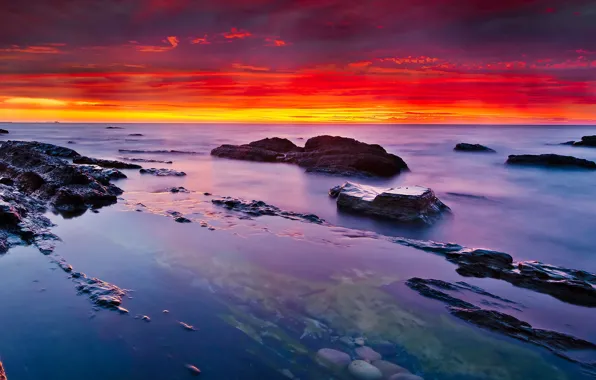 Картинка море, небо, камни, берег, горизонт, зарево