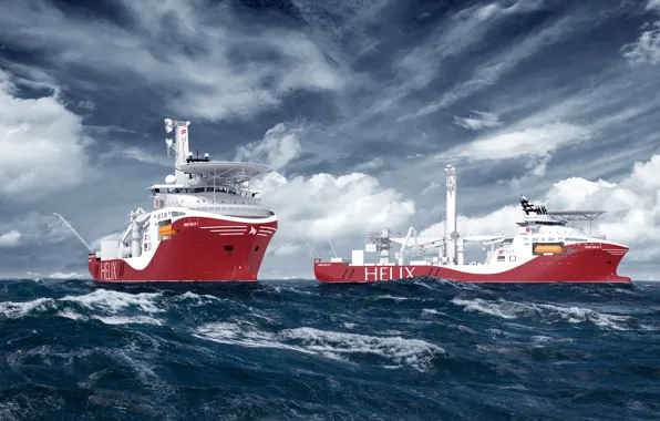 Океан, Море, Судно, Рендеринг, Helix, Два, Vessel, Offshore