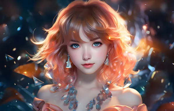 Картинка women, simple background, AI art, bare shoulders, looking at viewer, digital art, earring, Asian