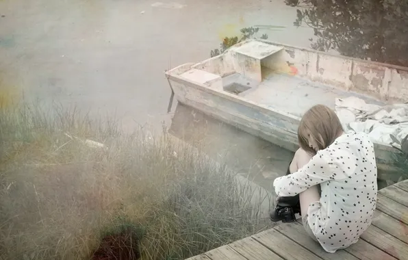 Картинка девушка, мост, озеро