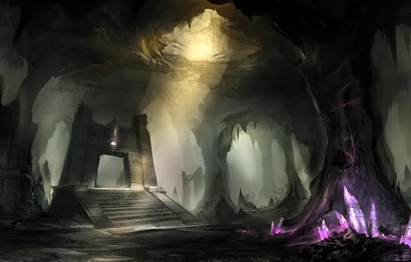 Кристаллы, пещера, постамент, сталактиты, by yobarte, crystal cave
