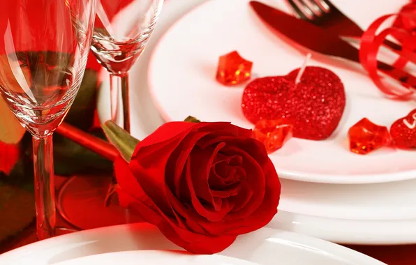 Цветок, роза, свечи, бутон, бокалы, тарелка, красная