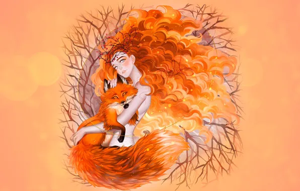 Картинка осень, девушка, лиса, рыжая осень, luleiya, Fox Spirit