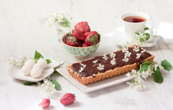 Ягоды, чай, шоколад, клубника, конфеты, пирог, выпечка, жасмин