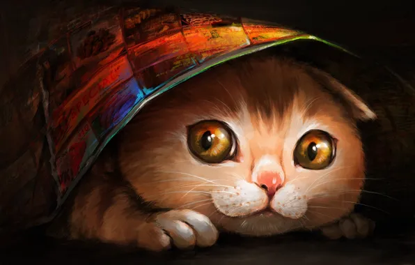 Картинка кошка, морда, покрывало, арт, прячется, ryuuka nagare