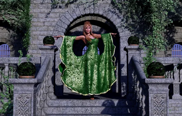 Девушка, замок, зелёное платье