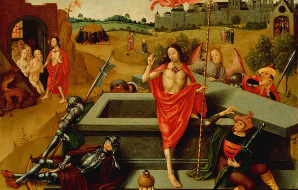 Дерево, масло, картина, мифология, Meester van de Amsterdamse, Dood van Maria, Воскрешение Христа