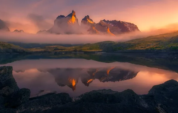 Sunset, mountains, evening, fog, Chile, Patagonia, Andes