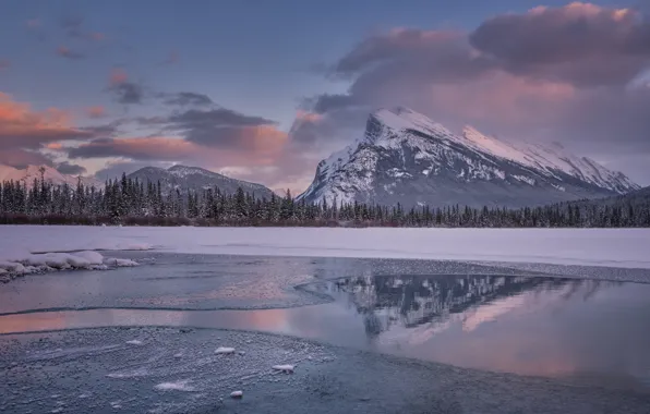 Картинка зима, лес, горы, озеро, Канада, Альберта, Banff National Park, Alberta