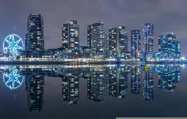Здания, бухта, Австралия, ночной город, набережная, небоскрёбы, Melbourne, Australia