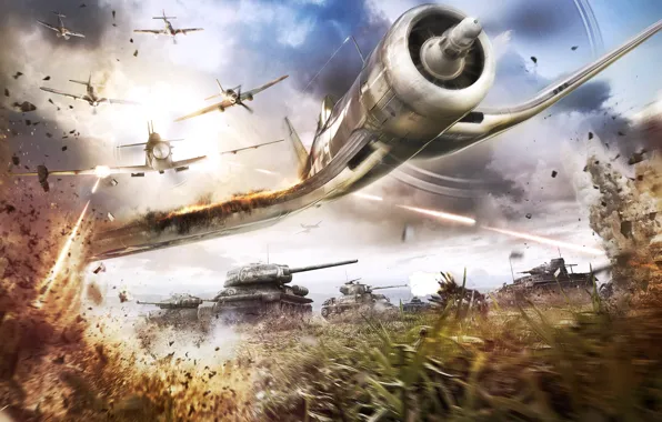 Трава, самолет, война, Games, поле боя, танки, Airplane, Firing