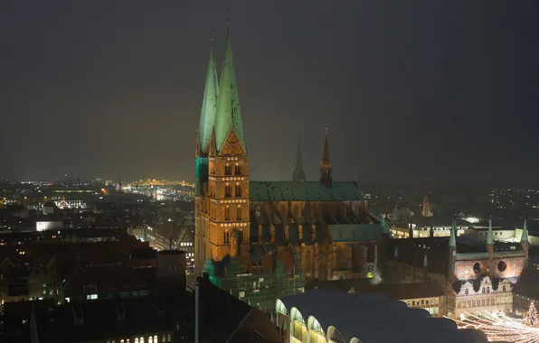 Ночь, огни, дома, Германия, церковь, панорама, Любек