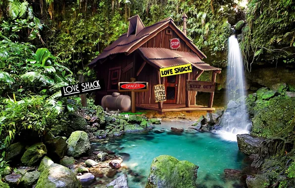 Fantasy, trees, nature, bushes, waterfall, pond, shack