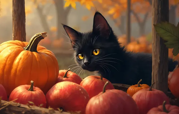 Осень, кошка, взгляд, ветки, поза, котенок, листва, черный