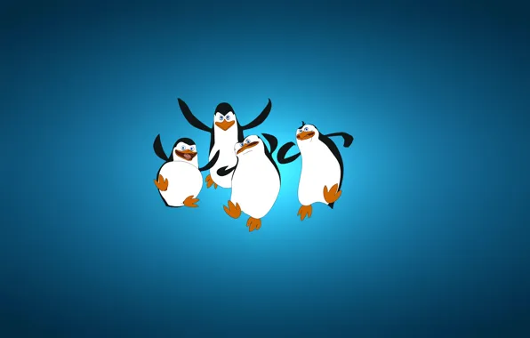 Минимализм, синий фон, четыре, The Penguins of Madagascar, Пингвины из Мадагаскара