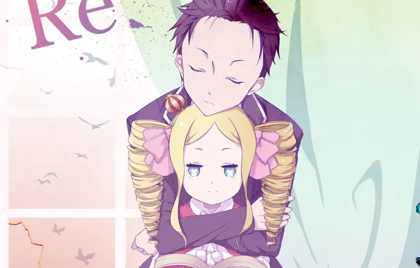 Аниме, арт, девочка, Субару, обнимашки, Re: Zero kara Hajimeru Isekai Seikatsu, С нуля