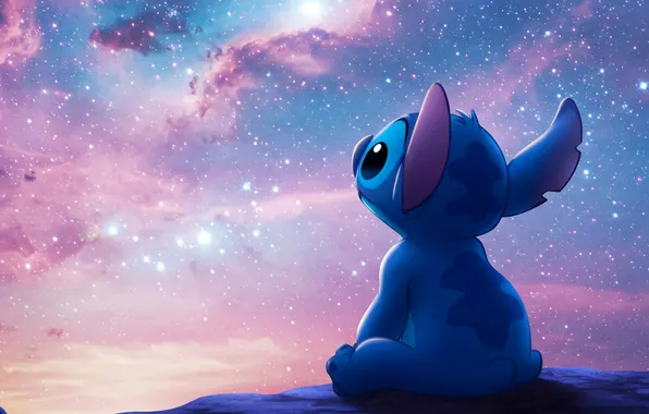 Космос, звезды, мечты, галактика, сидя, Stitch observing the universe, Стич наблюдающий за вселенной