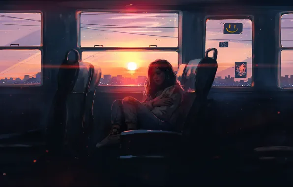 Картинка девушка, солнце, закат, арт, автобус, art, Aenami, by Aenami