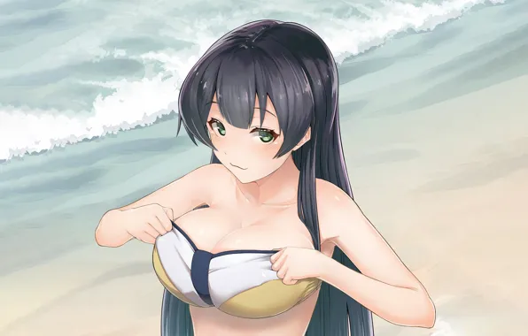 Картинка girl, sexy, cleavage, beach, green eyes, long hair, sea, boobs