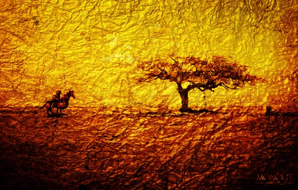 Абстракция, золото, дерево, воин, tree, монолит, warrior, Gold
