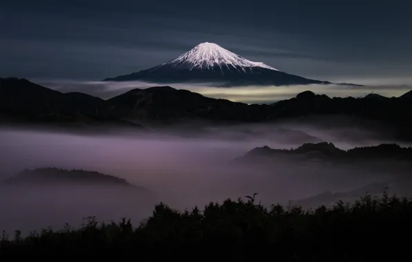 Небо, ночь, туман, гора, Япония, гора Фуджи, Фудзияма