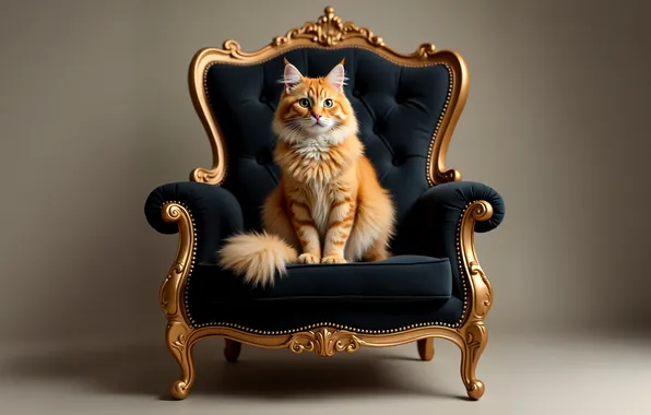 Кошка, кот, взгляд, поза, кресло, рыжий, серый фон, мордашка