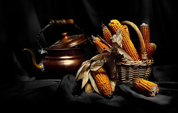 Еда, кукуруза, чайник, ткань, черный фон, натюрморт, корзинка, предметы