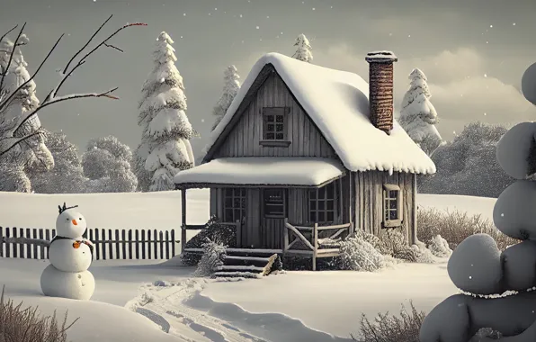 Картинка зима, снег, дом, избушка, Рождество, Новый год, домик, снеговик