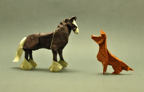 Картинка лошадь, собака, тени, оригами, dog, horse, shadows, origami