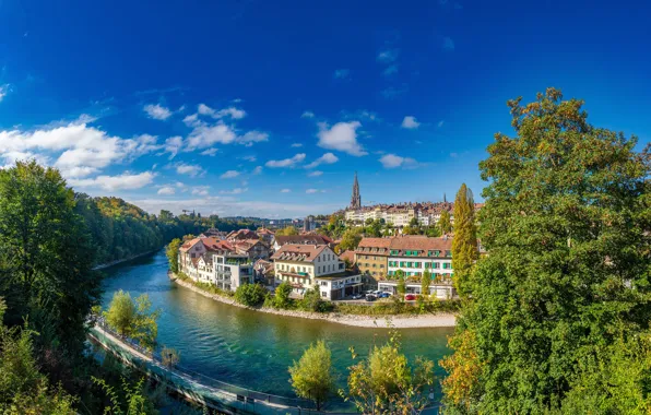 Деревья, город, река, дома, Швейцария, Switzerland, Берн
