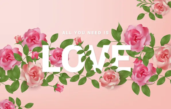 Цветы, фон, розовый, надпись, розы, текстура, love, Roses