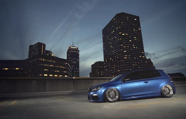 Ночь, синий, город, дома, Volkswagen, Golf R