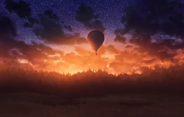 Картинка dark, wallpaper, twilight, sunset, art, air balloon
