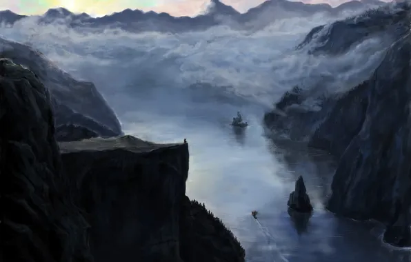 Картинка облака, пейзаж, горы, река, обрыв, скалы, человек, корабль
