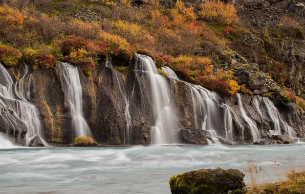 Картинка осень, горы, скала, река, водопад