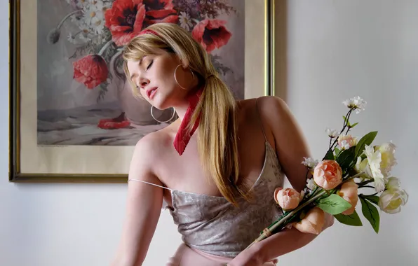 Картинка девушка, цветы, поза, фото, модель, картина, Carla Monaco