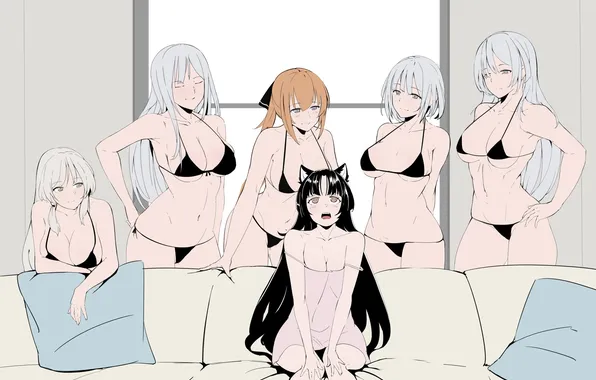 Купальник, девушки, диван, подушка, bra, girls