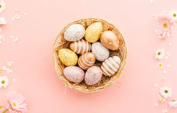 Цветы, корзина, яйца, Пасха, easter